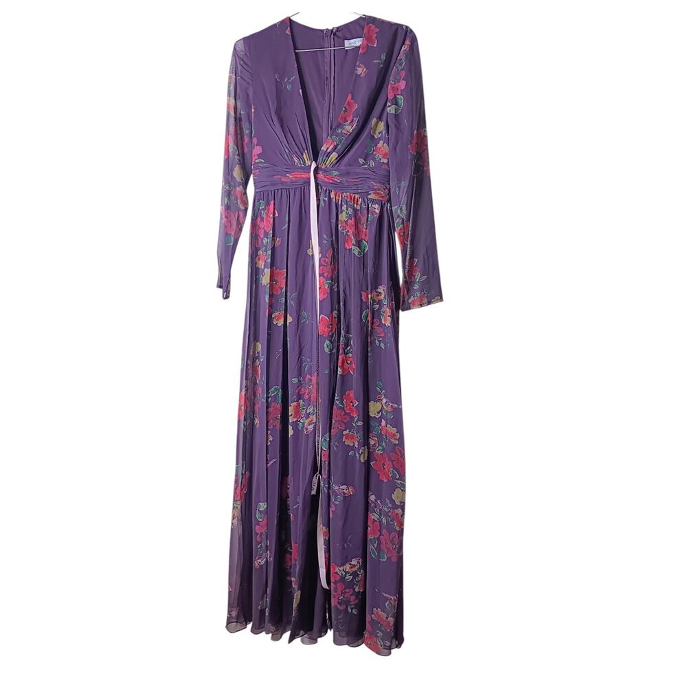 New with Tags Mac Duggal 68558 Purple Floral Chiffon Plunge Slit Gown Size 4 - Picture 4 of 16